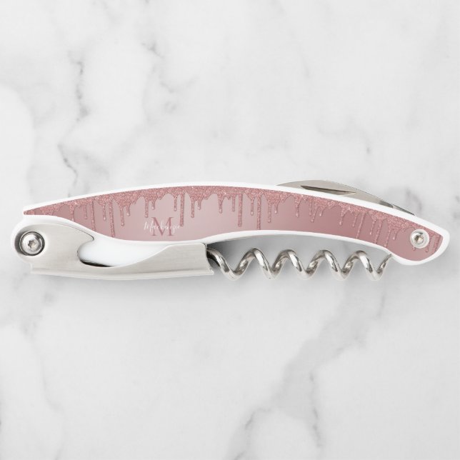 Rose Gold Sparkle Drilling Glitzer Monogram Kellnermesser (Vorderseite)