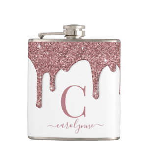 Rose Gold Sparkle Glam Glitzer Tropfen Monogram Flachmann