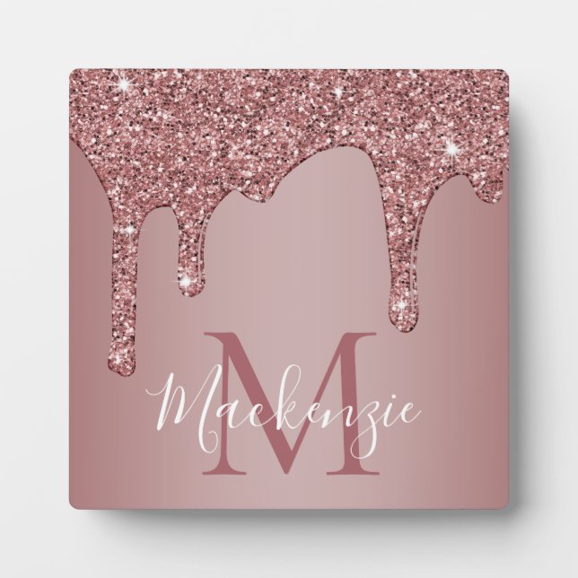 Rose Gold Sparkle Glam Glitzer Tropfen Monogram Fotoplatte (Vorderseite)