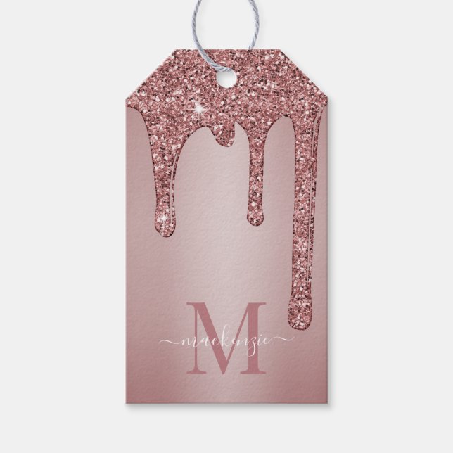 Rose Gold Sparkle Glam Glitzer Tropfen Monogram Geschenkanhänger (Vorderseite)
