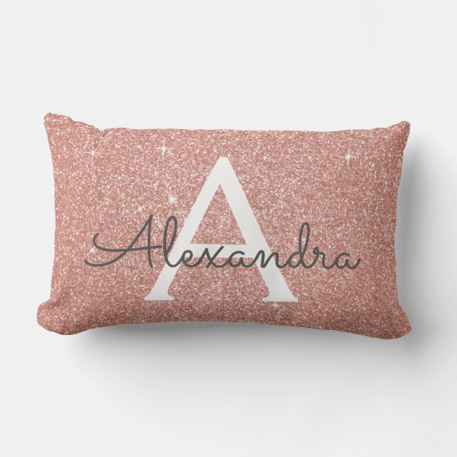 Rose Gold Sparkle Glitter Monogram Name & Initial Lendenkissen (Vorderseite)