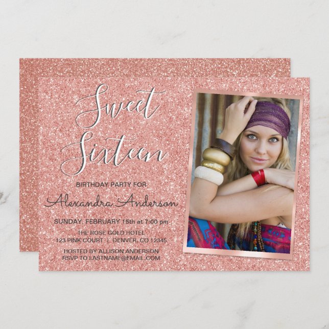 Rose Gold Sparkle Glitzer 16 . Geburtstag Geburtst Einladung (Vorne/Hinten)