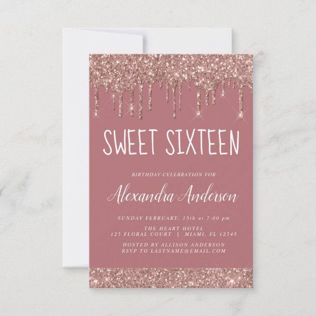 Rose Gold Sparkle Glitzer 16 . Geburtstag Geburtst Einladung (Vorderseite)