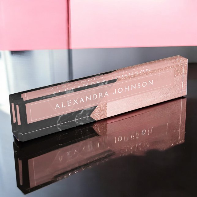 Rose Gold Sparkle Glitzer Foil and Black Marble Namensplakette (Von Creator hochgeladen)