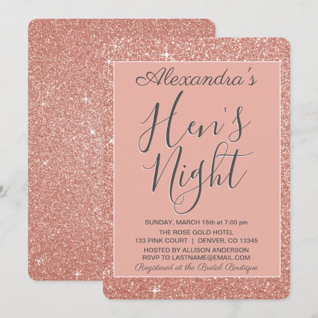 Rose Gold Sparkle Glitzer Hens Night Party Einladung (Vorne/Hinten)