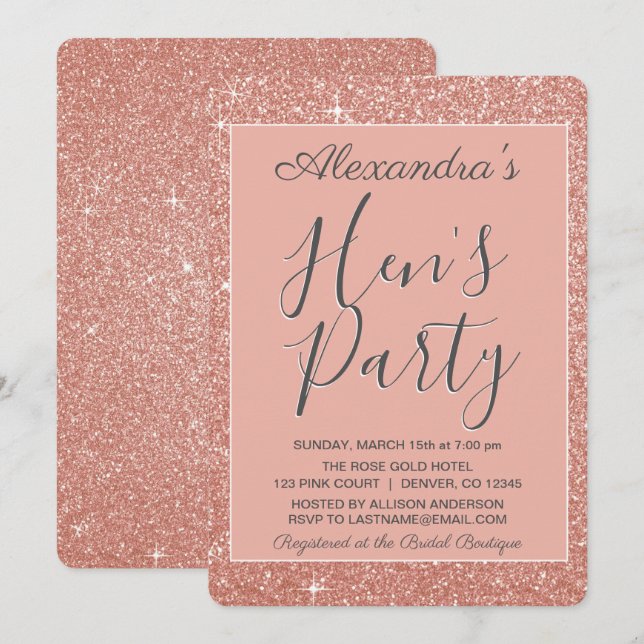 Rose Gold Sparkle Glitzer Hens Party Einladung (Vorne/Hinten)