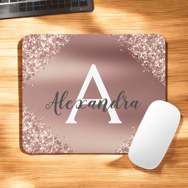 Rose Gold Sparkle Glitzer Monogram Name Mousepad (Von Creator hochgeladen)