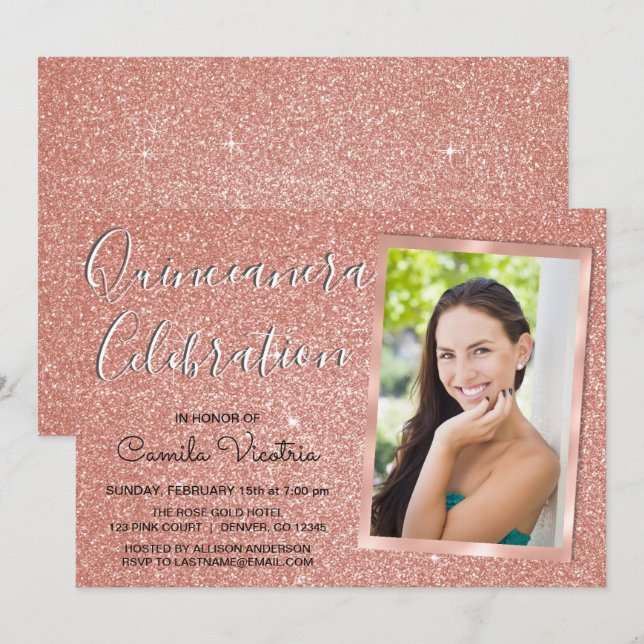 Rose Gold Sparkle Glitzer Quinceñera Feier Einladung (Vorne/Hinten)