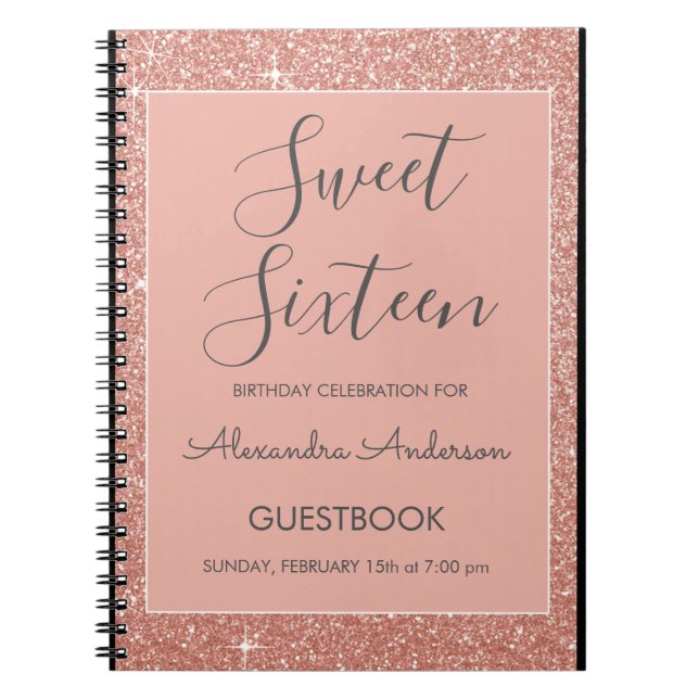 Rose Gold Sparkle Glitzer Sweet 16 Gästebuch Notizblock (Vorderseite)
