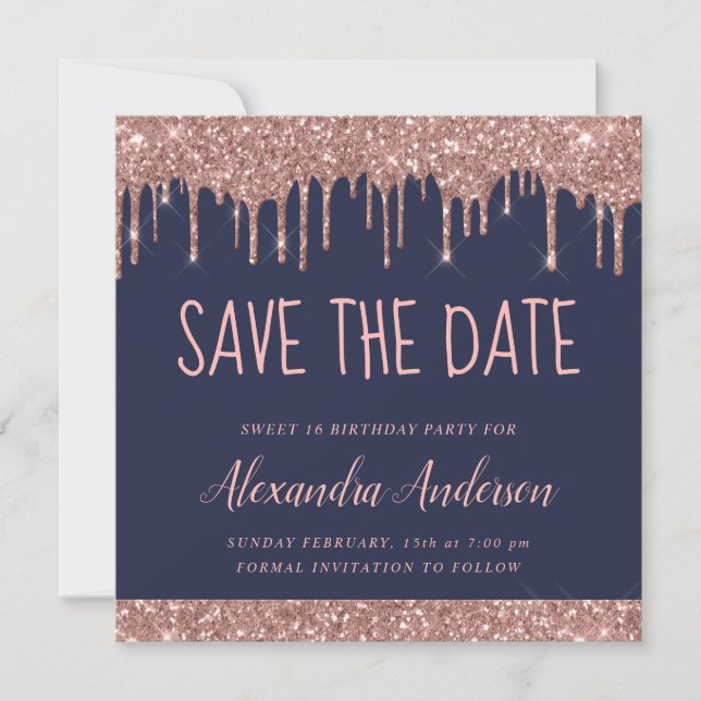 Rose Gold Sparkle Glitzer Sweet 16 Save the Date Einladung (Vorderseite)