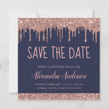 Rose Gold Sparkle Glitzer Sweet 16 Save the Date
