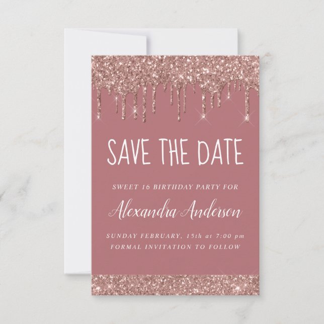 Rose Gold Sparkle Glitzer Sweet 16 Save the Date Einladung (Vorderseite)