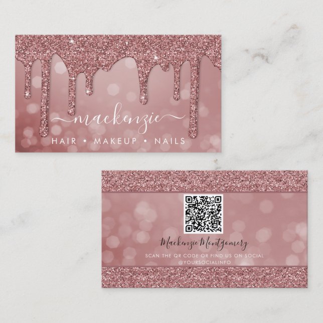 Rose Gold Sparkle Glitzer Tropfen Bokeh QR Code Visitenkarte (Vorne/Hinten)