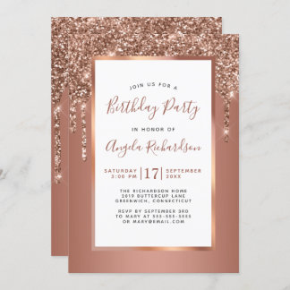Rose Gold Sparkle Glitzer Tropfen Geburtstagsparty Einladung