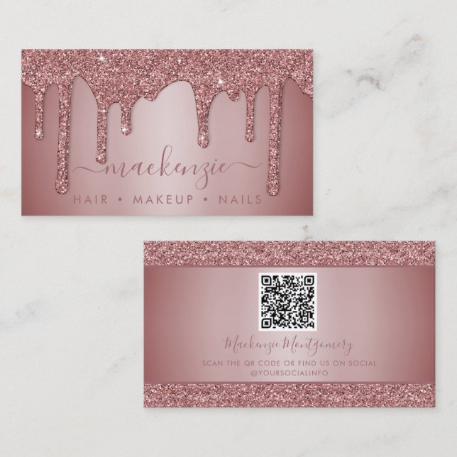 Rose Gold Sparkle Glitzer Tropfen QR Code Visitenkarte (Vorne/Hinten)