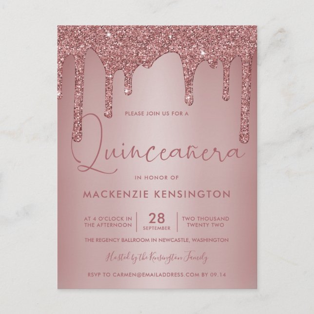 Rose Gold Sparkle Glitzer Tropfen Quinceañera Postkarte (Vorderseite)
