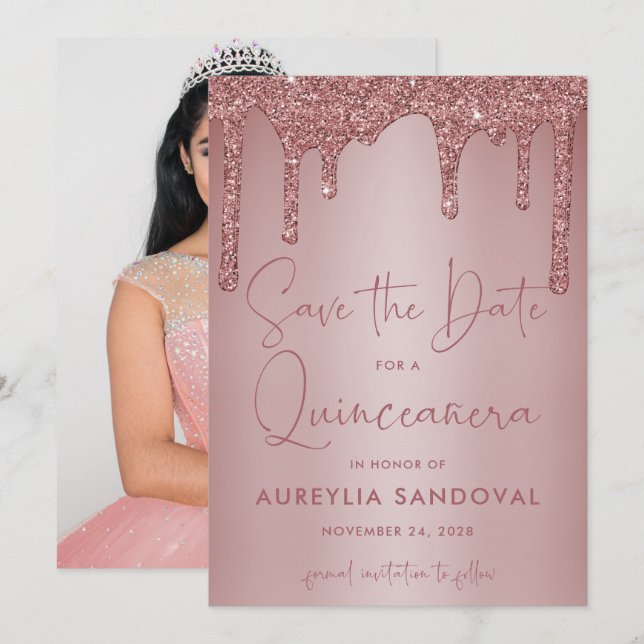 Rose Gold Sparkle Glitzer Tropfen Quinceañera Save The Date (Vorne/Hinten)