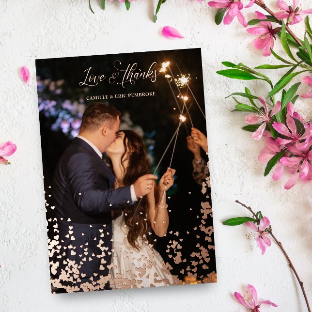 Rose Gold Sparkle Herz 2 Fotos Liebe & Dank Folieneinladung (Sparkle Hearts 2 Photos Wedding Love & Thanks Quote Metallic Foil Wedding Thank You Card. Rose Gold.)
