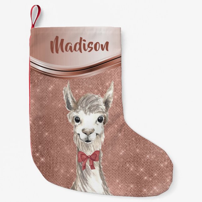 Rose Gold Sparkle Llama Hübsch Personalisiert Kleiner Weihnachtsstrumpf (Vorderseite)