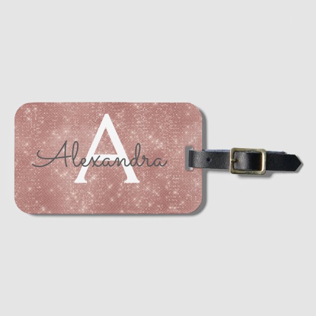 Rose Gold-Sparkle-Monogramm-Name Gepäckanhänger (Vorderseite (Horizontal))