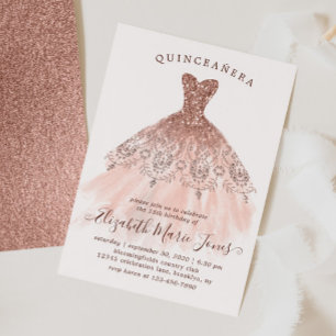 Rose Gold Sparkle Rosa Kleid QUINCEAÑERA Geburtsta Einladung