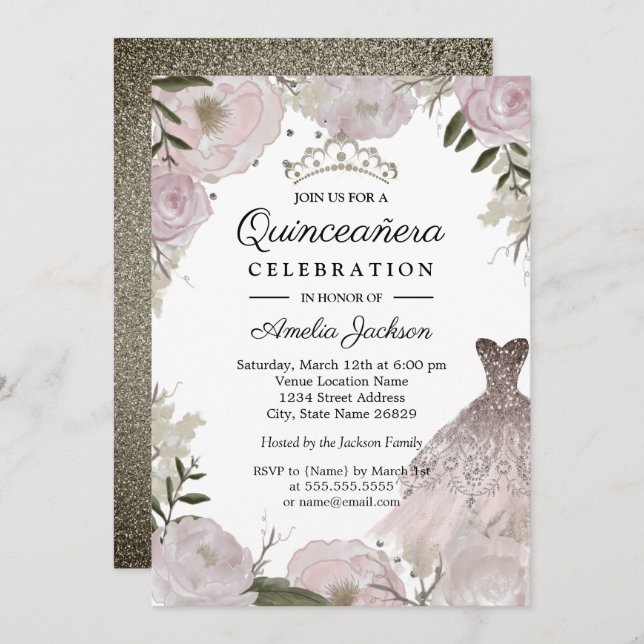 Rose Gold Sparkleider Blumenkohl Quinceanera Einladung (Vorne/Hinten)