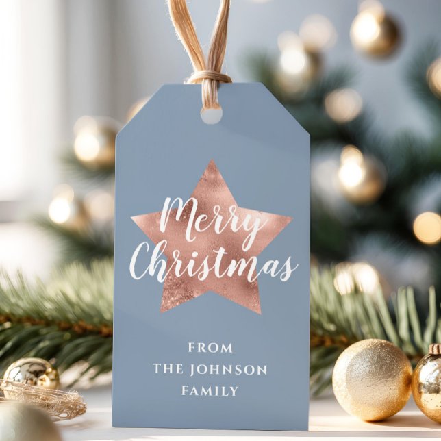Rose Gold Star Dusty Blue Frohe Weihnachten Geschenkanhänger (Rose Gold Star Dusty Blue Merry Christmas Gift Tags)