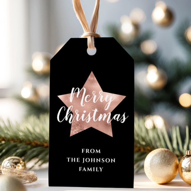 Rose Gold Star Schwarz Frohe Weihnachten Geschenkanhänger (Rose Gold Star Black Merry Christmas Gift Tags)