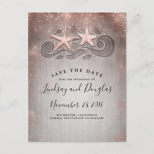 Rose Gold Starfish Beach Tropical Save the Date Ankündigungspostkarte (Vorderseite)