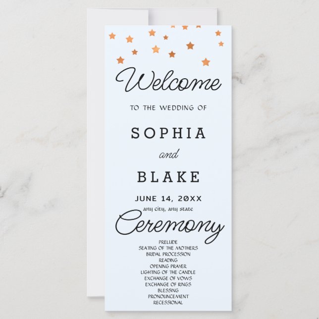 Rose Gold Stars Celestial Blue Wedding Program (Vorderseite)