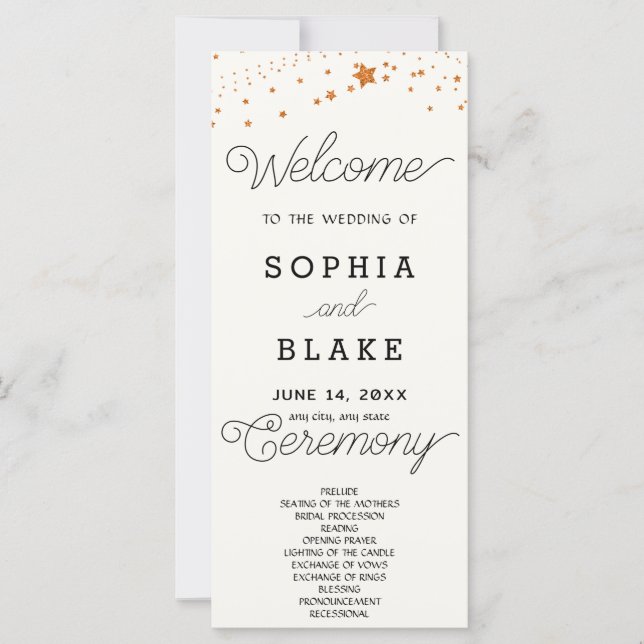 Rose Gold Stars Celestial White Wedding Program (Vorderseite)