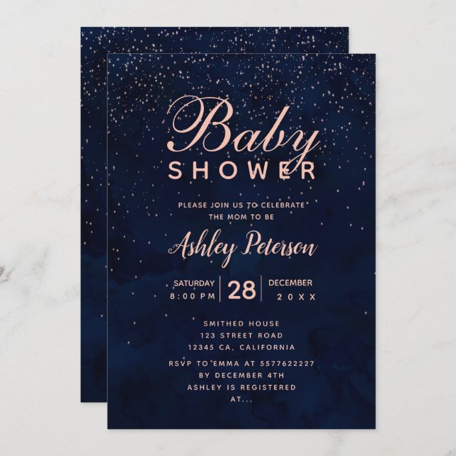 Rose Gold Stars Marineblauer Wasserfarben Babydusc Einladung (Vorne/Hinten)