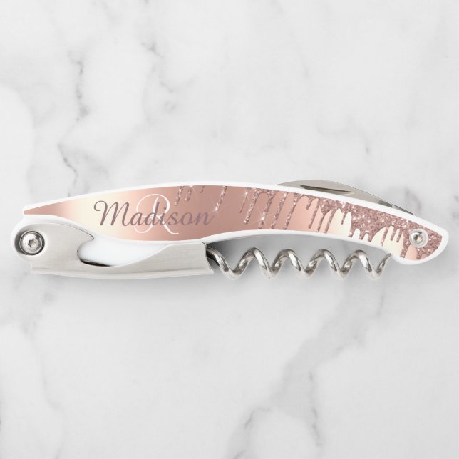 Rose Gold Stilvolle Monogram Metal Glitzer Tropfen Kellnermesser (Vorderseite)