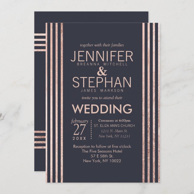 Rose Gold Streifen und Blauer Hochzeitsempfang Einladung (Vorne/Hinten)