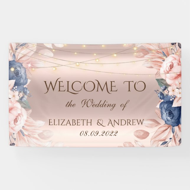 Rose Gold String Lights Blue Rose Hochzeit Banner (Horizontal)