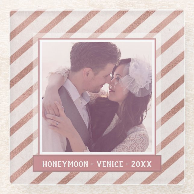 Rose Gold Striping Elegantes Foto und Text Glasuntersetzer (Vorderseite)