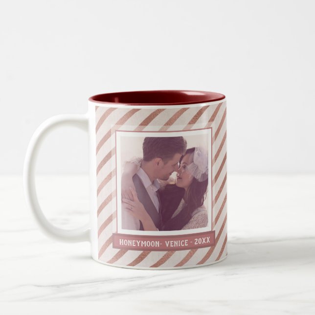 Rose Gold Striping Elegantes Foto und Text Zweifarbige Tasse (Links)