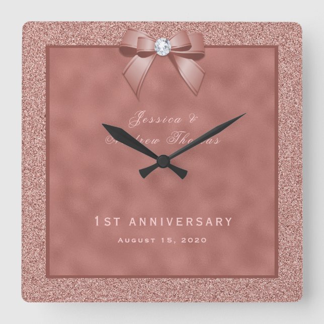 Rose Gold & Stylish Glitzer 1. Hochzeit Quadratische Wanduhr (Vorderseite)