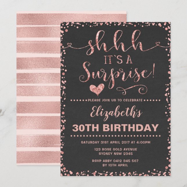 Rose Gold Surprise Birthday Party Women Glitter Einladung (Vorne/Hinten)