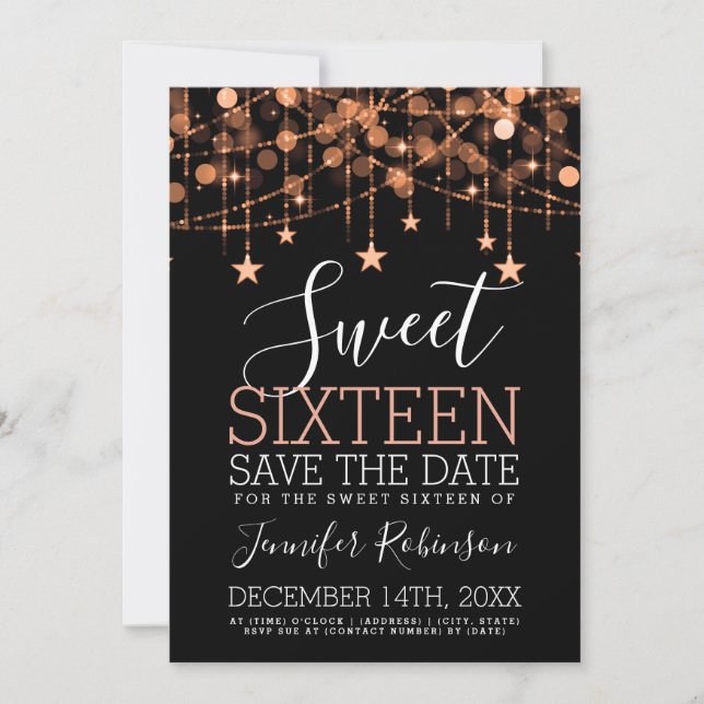 Rose Gold Sweet 16 Funkelnd String Lights Rett Dat Save The Date (Vorderseite)