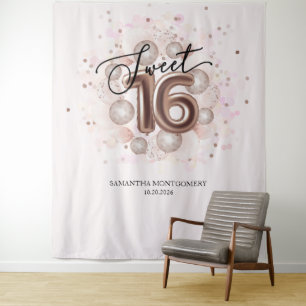 Rose Gold Sweet 16 Geburtstagsballons rosa Hinterg Wandteppich