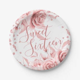 Rose Gold Sweet 16 Glitzer Confetti Floral Pappteller