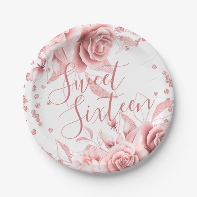 Rose Gold Sweet 16 Glitzer Confetti Floral Pappteller (Vorderseite)