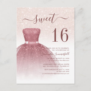 Rose Gold Sweet 16 Moderne Glitzer Tropfen Script Einladungspostkarte