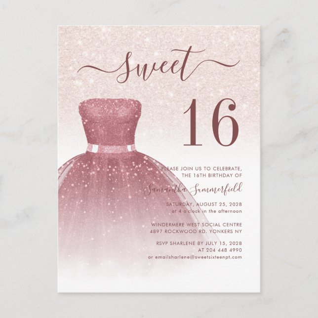 Rose Gold Sweet 16 Moderne Glitzer Tropfen Script Einladungspostkarte (Vorderseite)