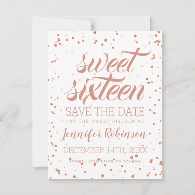 Rose Gold Sweet 16 Rett Date Sparkle Confetti Save The Date (Vorderseite)