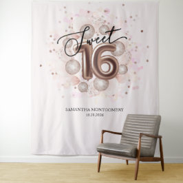 Rose Gold Sweet 16 Tagesballons Rosa Hintergrund Wandteppich