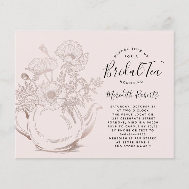Rose Gold Teapot Bridal Tee Einladung (Vorderseite)