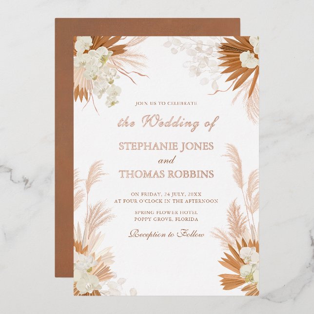 Rose Gold Terracotta Pampas Grass Orchid Hochzeit Folieneinladung (Vorderseite/Rückseite)