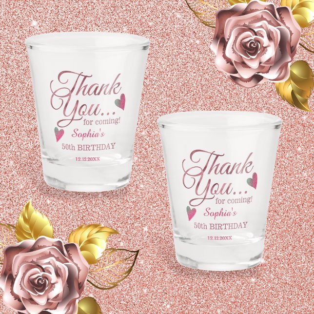 Rose Gold Thank You 50th Birthday Party Favors Schnapsglas (Celebrate 50 in style! Personalized shot glasses - the perfect party favor for your memorable day.)